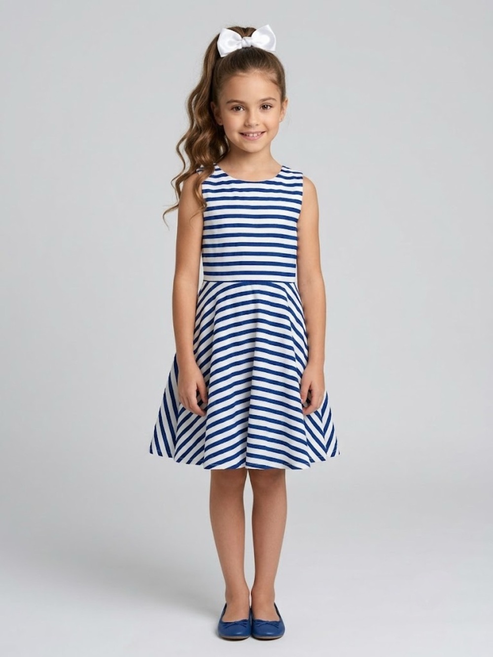 Jacadi Blue and White Striped Sleeveless Fit-and-Flare Dress